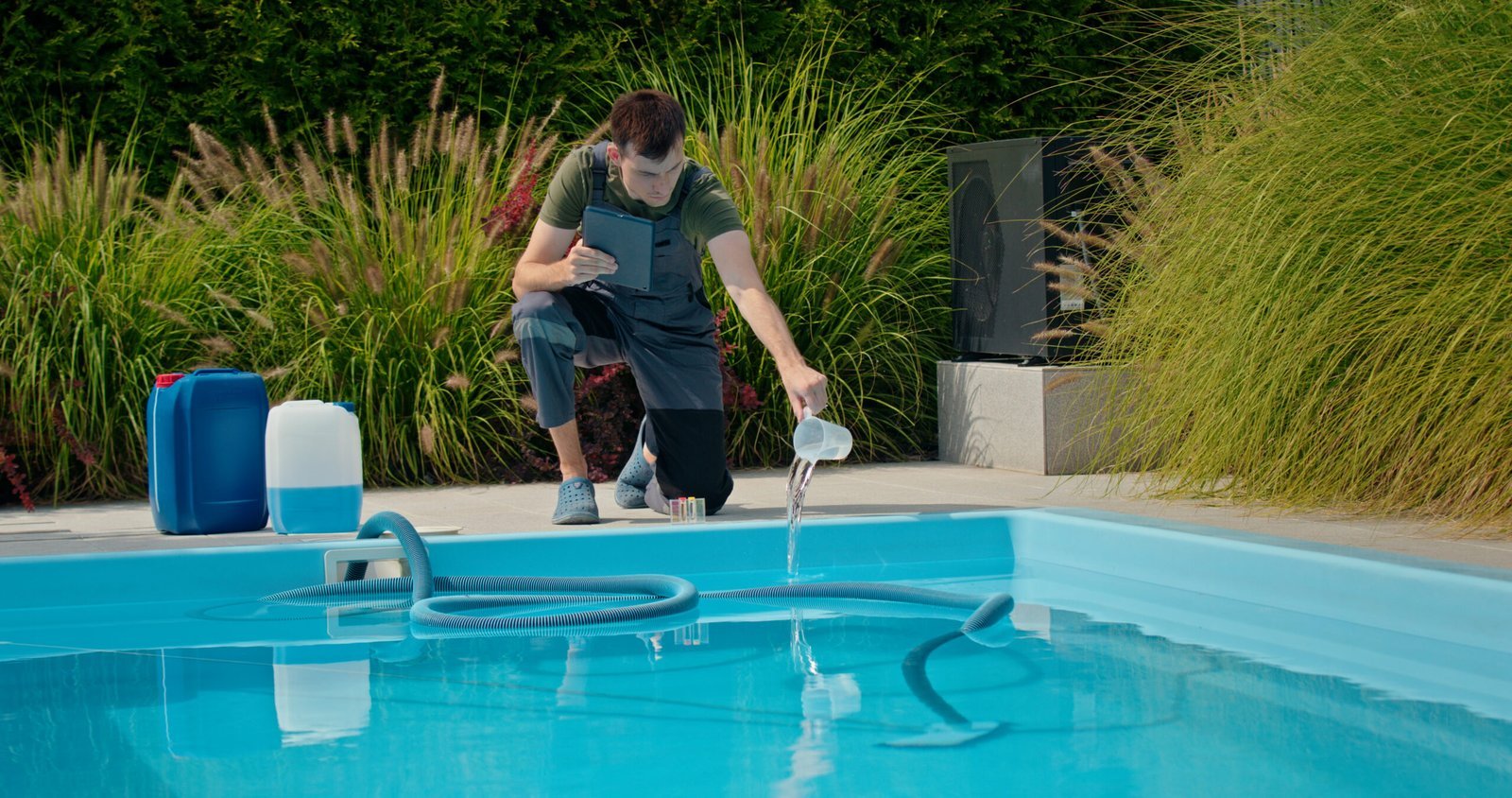 Technicien Distri & Serv traitant l'eau d'une piscine